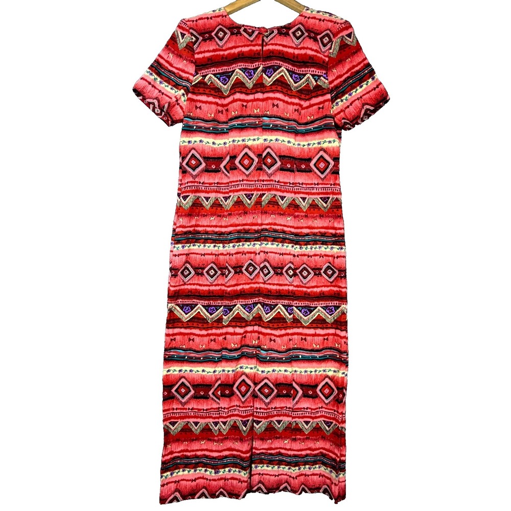Vintage Sag Harbor Maxi Dress Women 10 Red Tribal Aztec Geometric 80s Maximalist